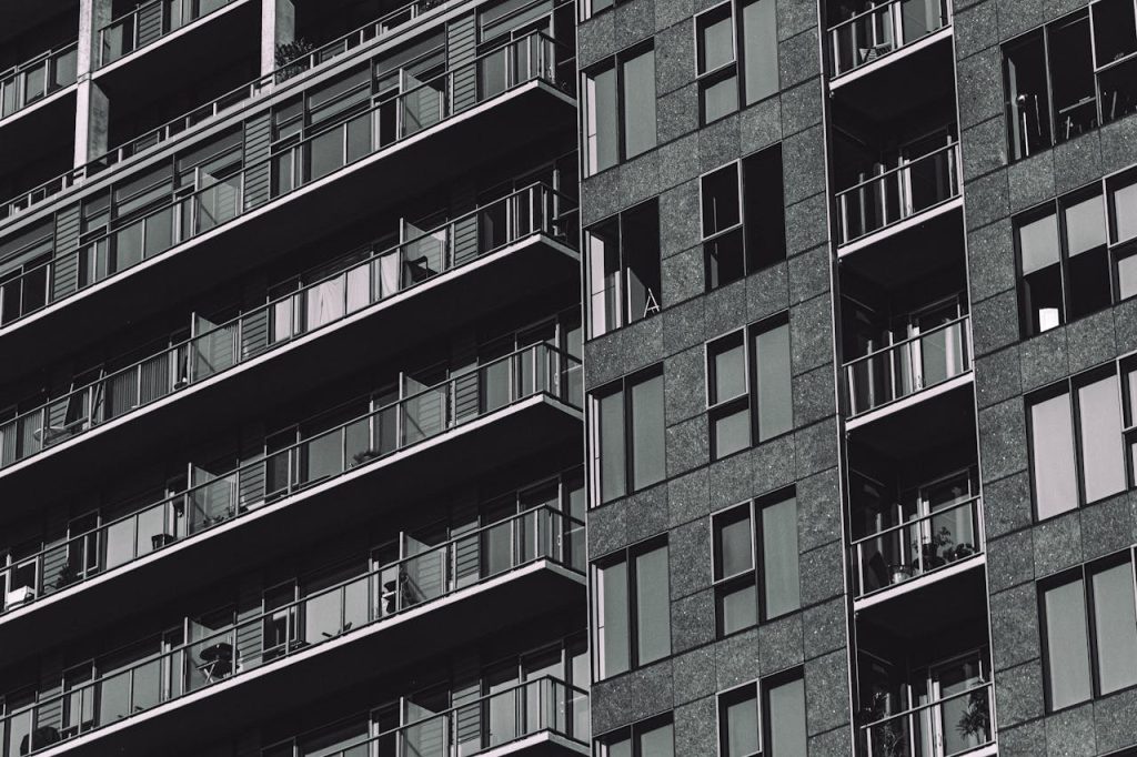 Monochrome view of a residential building showcasing urban architecture in Portland, OR.